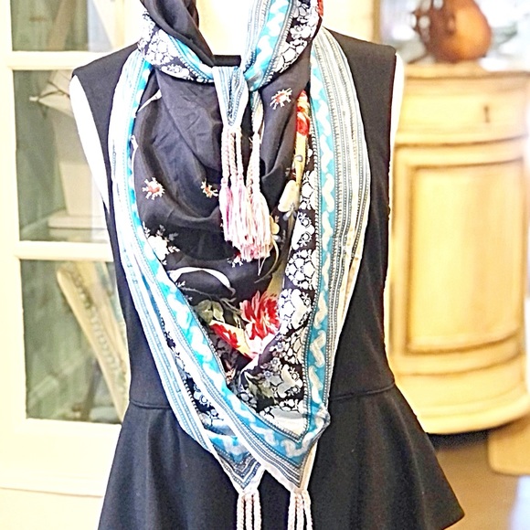 Johnny Was Black Floral 42” Square Tasseled Rayon Scarf EUC, Navy, With Box - Picture 3 of 9